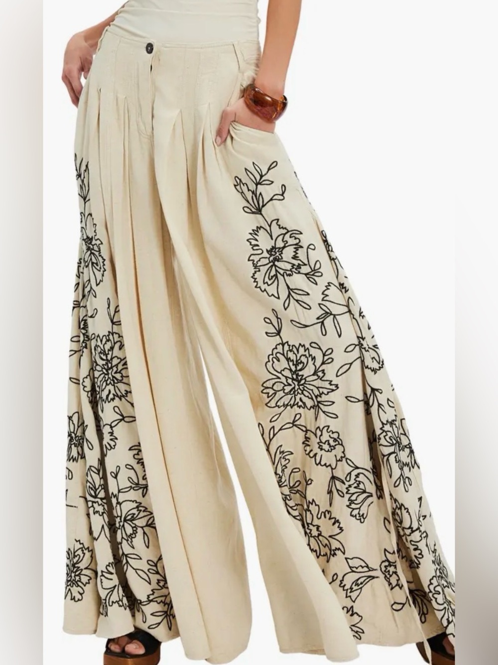 Free People What You Know Floral Embroidery Wide Leg Pants